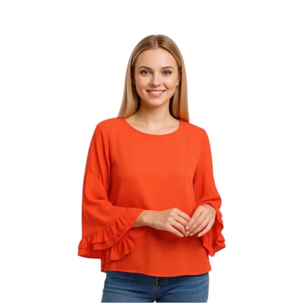 Lulus Women’s Coral Red Flounce Sleeves Top Sheer Lined Small Back Eyelet Button